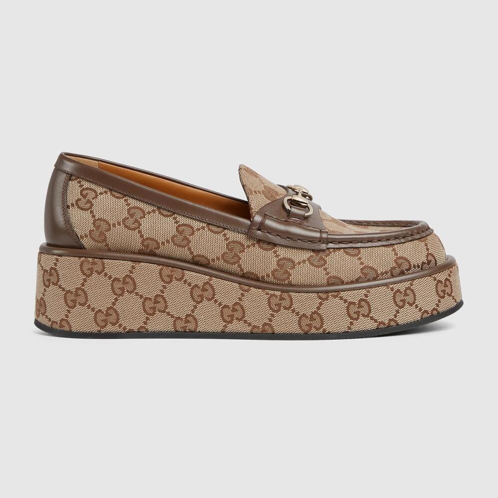 Gucci Horsebit GG Canvas Wedge Loafers